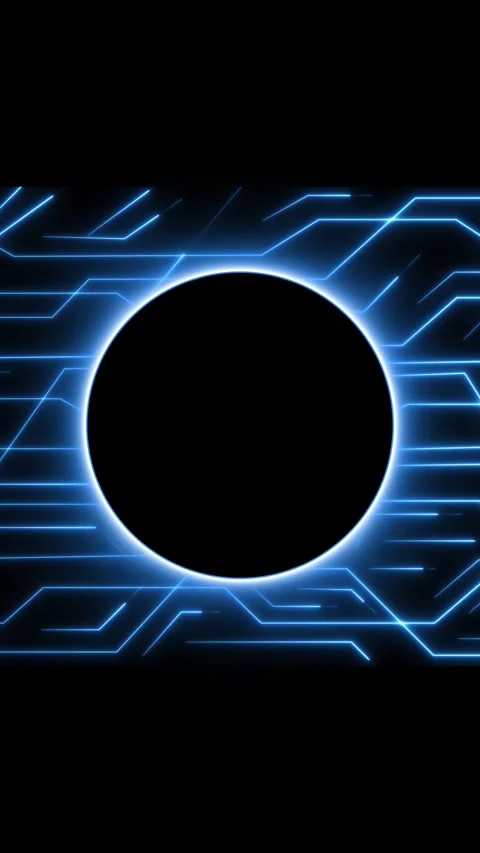 Neon circuit board pattern surrounds a central black circle frame. Glowing .. Stock Footage 345968003