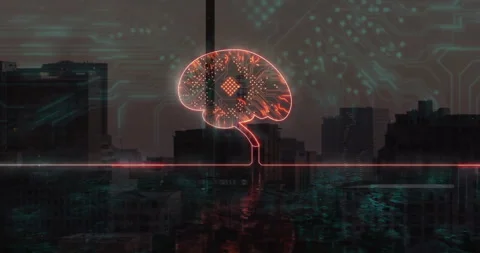 Neon circuit brain being visualized over dark skyline, showing glowing chip, Stock Footage 307430400
