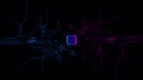 Neon circuit chip background blue purple electronic paths, glowing central proce Stock Footage 340397621