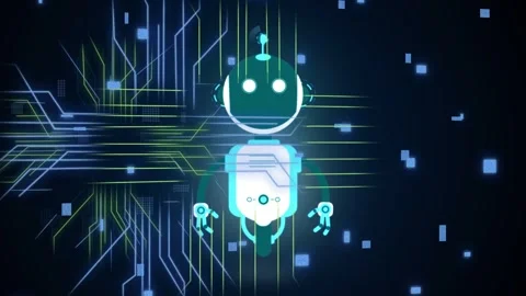 Neon circuit moving from left crossing robot pixels drifting code scrolling Stock Footage 334351855