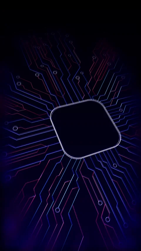 Neon circuit processor background red and blue electronic lines, central chip bl Stock Footage 340528383