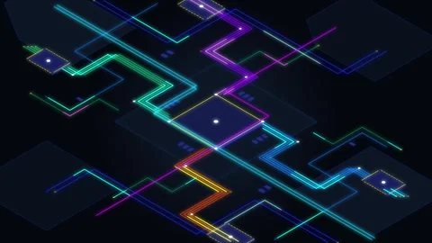 Neon circuit technology animation with digital glowing data stream network Stock Footage 347248613