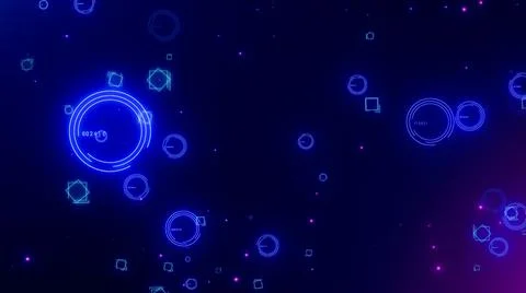 Neon circular and rectangular elements on dark background, digital technology co Stock Photos