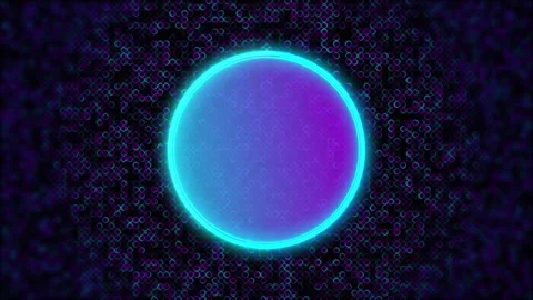 Neon circular orb visual with cyan rim, purple surface glow, and dotted particle Stock Footage 340555285