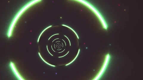Neon circular patterns moving through dark space Stock Footage 339649947