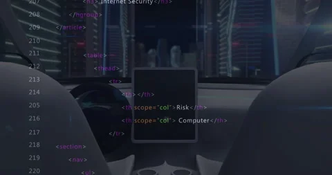 Neon-city drive starting HTML overlay building table and security links in cabin Stock Footage 312898387