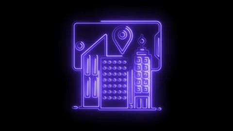 Neon city map app interface glowing with location pointer and buildings ani.. Stock Footage 315963487