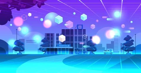 Neon cityscape hospital building exterior modern clinic view through VR glasses Stock Illustration
