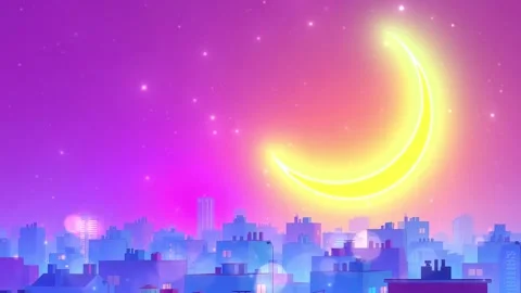 Neon Cityscape Under the Moon: A Vibrant Twilight Scene Video stock 330320495
