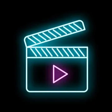 Neon clapperboard icon with play button glowing blue and pink 库存插图