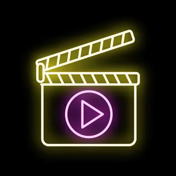 Neon clapperboard with play button illuminating filmmaking concept Illustrazione stock