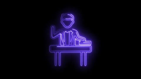 Neon classroom animation of a student raising hand at desk isolated on blac.. Stock Footage 345996541