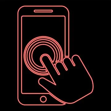 Neon click on touch screen smartphone Modern smartsphone with hand clicking.. Stock Illustration