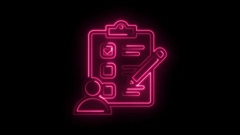 Neon clipboard icon animation with checkmark and user symbol on a black bac.. Stock Footage 346000111