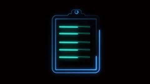 Neon clipboard icon with lined paper on black background. Clipboard icon bl.. Stock Footage 337130382
