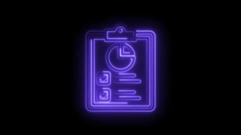 Neon clipboard with pie chart and checklist glowing purple on black background Stock Footage 333960423