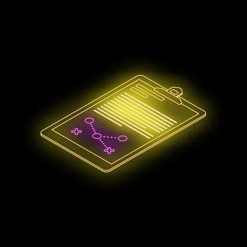 Neon clipboard showing analytics with graph and plus signs on black backgroun Stock Illustration