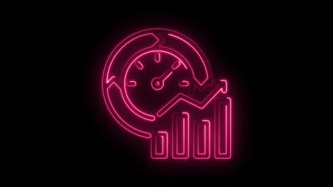Neon clock arrows and bar graph animation on black background representing .. Stock Footage 346004671