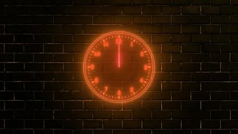 Neon Clock on Brick Wall at Midnight Stock Illustration