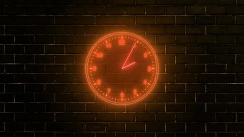 Neon Clock on Brick Wall at Midnight Stock Illustration