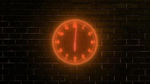 Neon Clock on Brick Wall at Midnight Stock Illustration