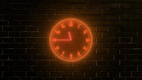 Neon Clock on Brick Wall at Midnight Stock Illustration