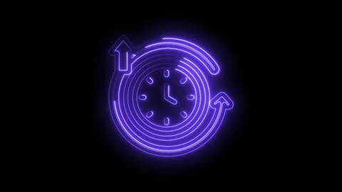 Neon clock with circular arrows and upward arrow glowing purple on black Stock Footage 333963696