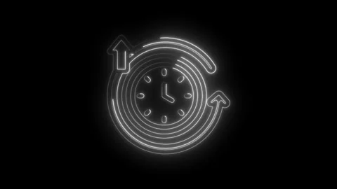 Neon clock with circular arrows and upward arrow glowing on black background Stockbeeldmateriaal 333963707
