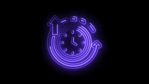 Neon clock with circular arrows and progress bars glowing purple on black Stock Footage 333963897
