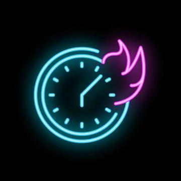 Neon clock face burning time quickly passing deadline icon Stock Illustration