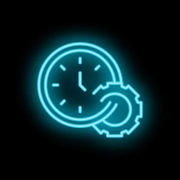 Neon clock face overlapping with turning gears on black background Stock Illustration