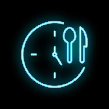 Neon clock face showing lunch time with fork and spoon Stock Illustration