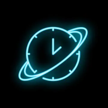 Neon clock face surrounded by orbiting rings on black background Stock Illustration