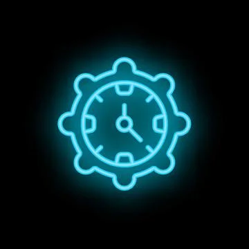 Neon clock glowing surrounded by cogs on black background Stock Illustration