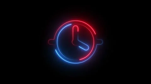 Neon clock icon with glowing red and blue light lines Stock Footage 345704193