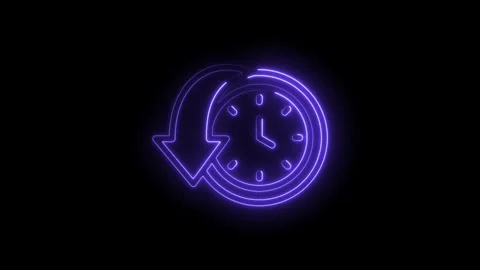 Neon clock icon with rewind arrow glowing purple on black background Stock Footage 333961297