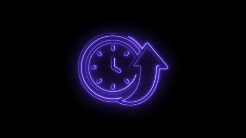 Neon clock icon with upward arrow glowing purple on black background Stockbeeldmateriaal 333961293