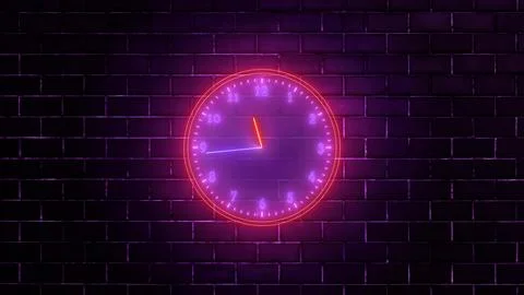 Neon clock isolated, counting down analog clock symbol, Glowing neon clock Stock Illustration