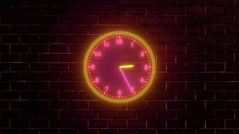 Neon clock isolated, counting down analog clock symbol, Glowing neon clock Stock Illustration