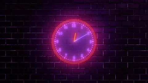 Neon clock isolated, counting down analog clock symbol, Glowing neon clock Stock Illustration