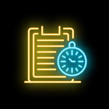 Neon clock over clipboard representing time management concept Stock Illustration