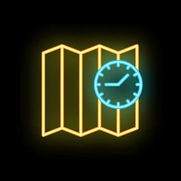 Neon clock over folded paper map on a black background Ilustração Stock