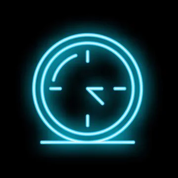 Neon clock shining on black background telling time 스톡 일러스트