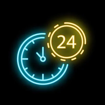 Neon clock showing 24 hours open sign on black background Stock Illustration