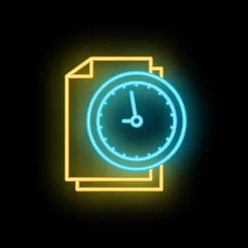 Neon clock showing deadline over documents icon Stock Illustration