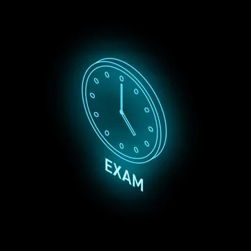 Neon clock showing exam time on black background Stock Illustration