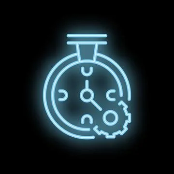 Neon clock is showing five minutes to twelve o'clock with gears Stock Illustration