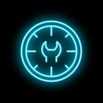 Neon clock showing it's time for repairing with wrench symbol inside Ilustración de archivo