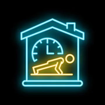 Neon clock showing man doing push ups inside house Illustrazione stock
