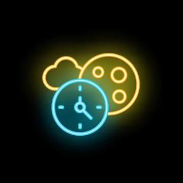 Neon clock showing night time with moon and clouds イラスト素材